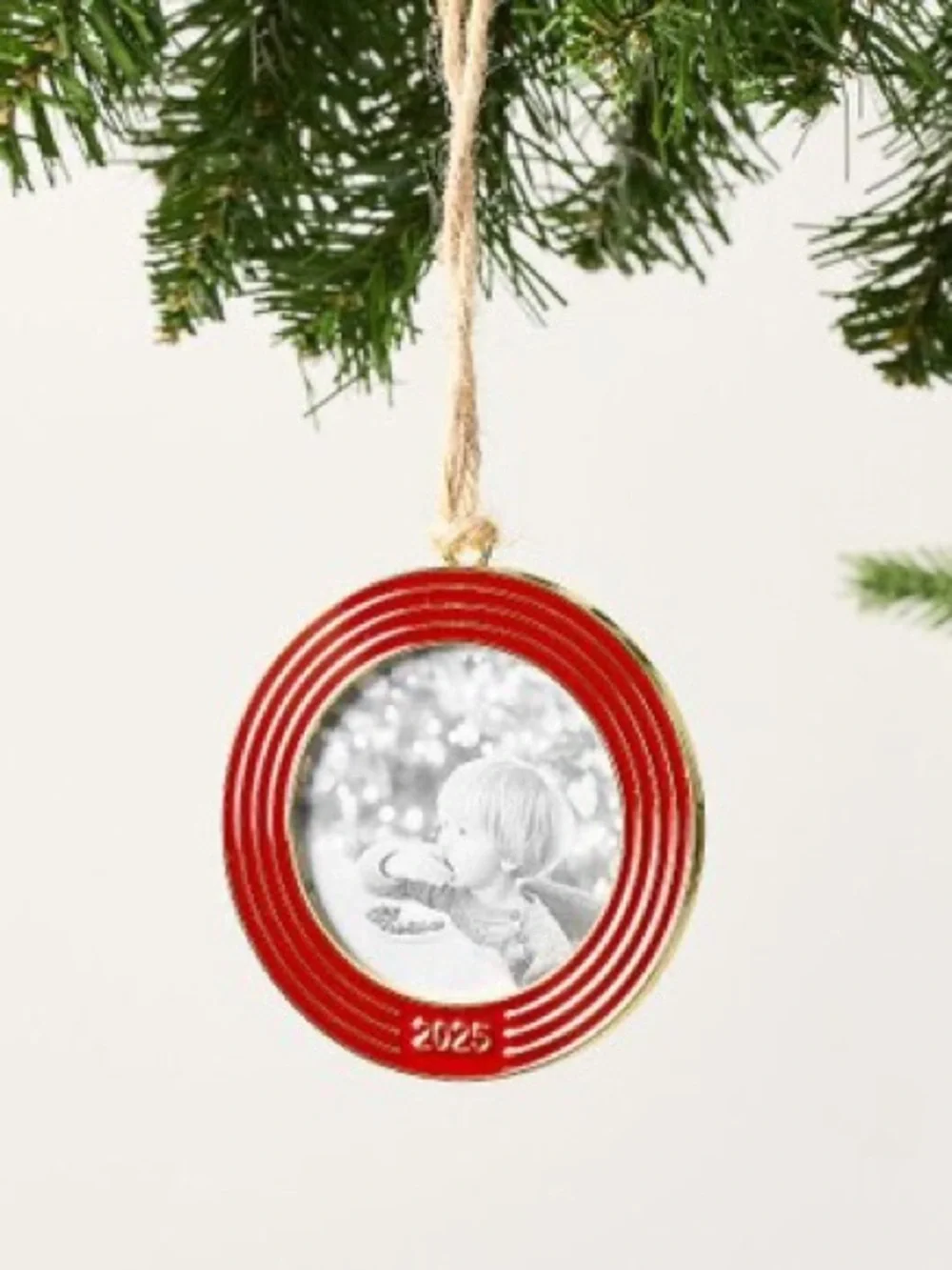 NWT Pottery Barn 2025 Dated Enamel Frame Circle Ornament Red/Gold